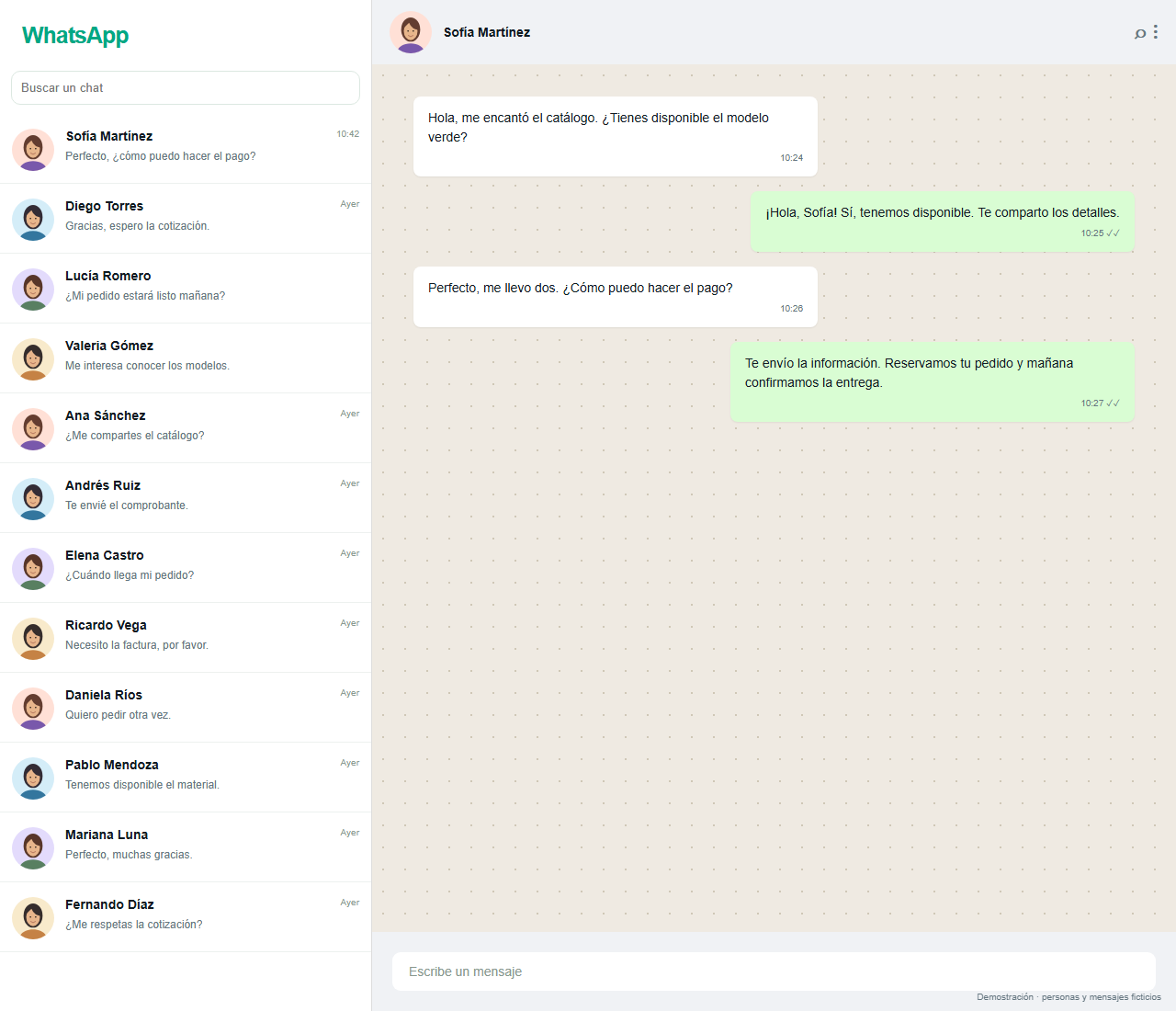 WhatsApp Web sin Venta Ping, con conversaciones de demostración