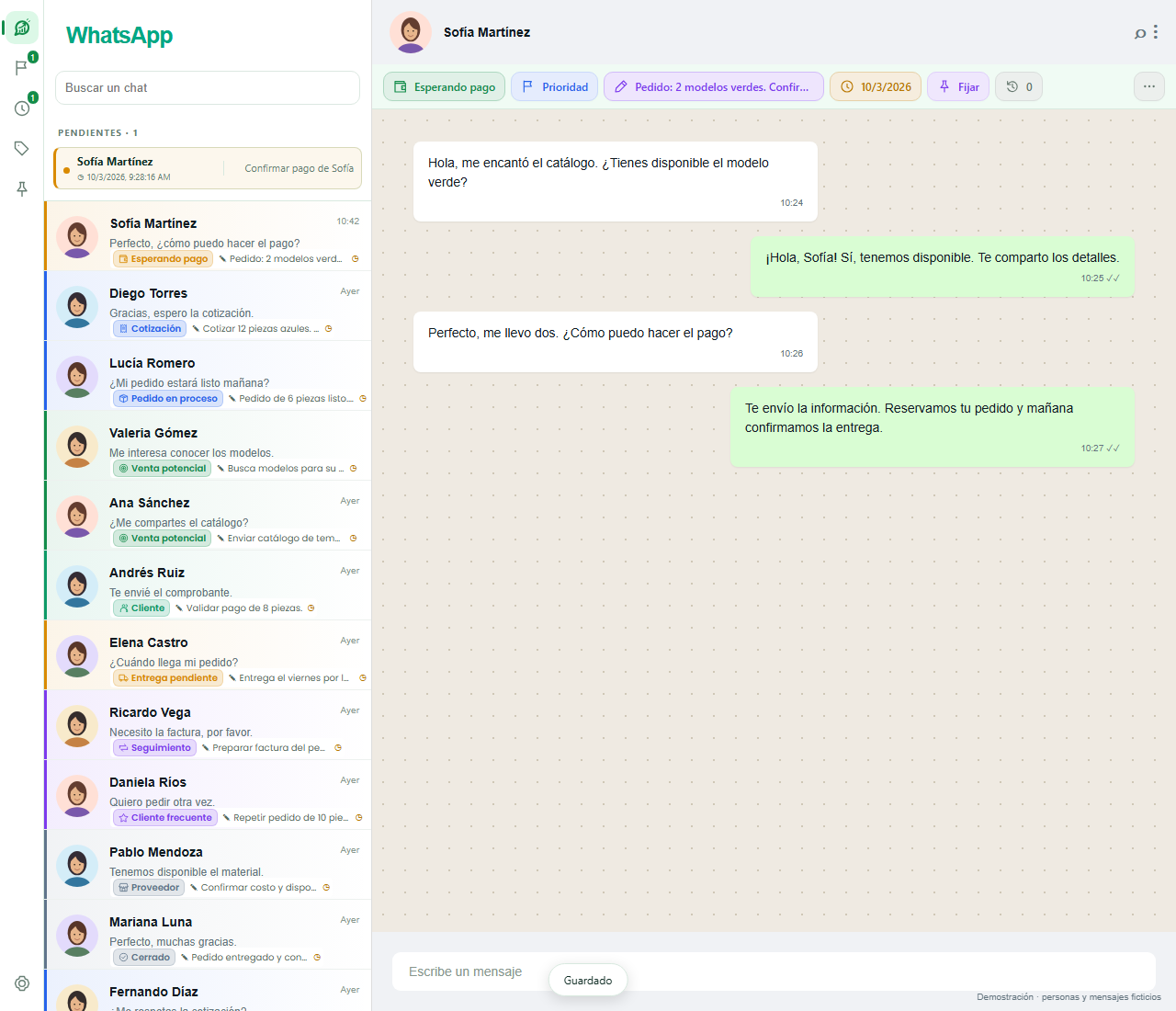 Los mismos chats de demostración con etiquetas, notas y pendientes de Venta Ping